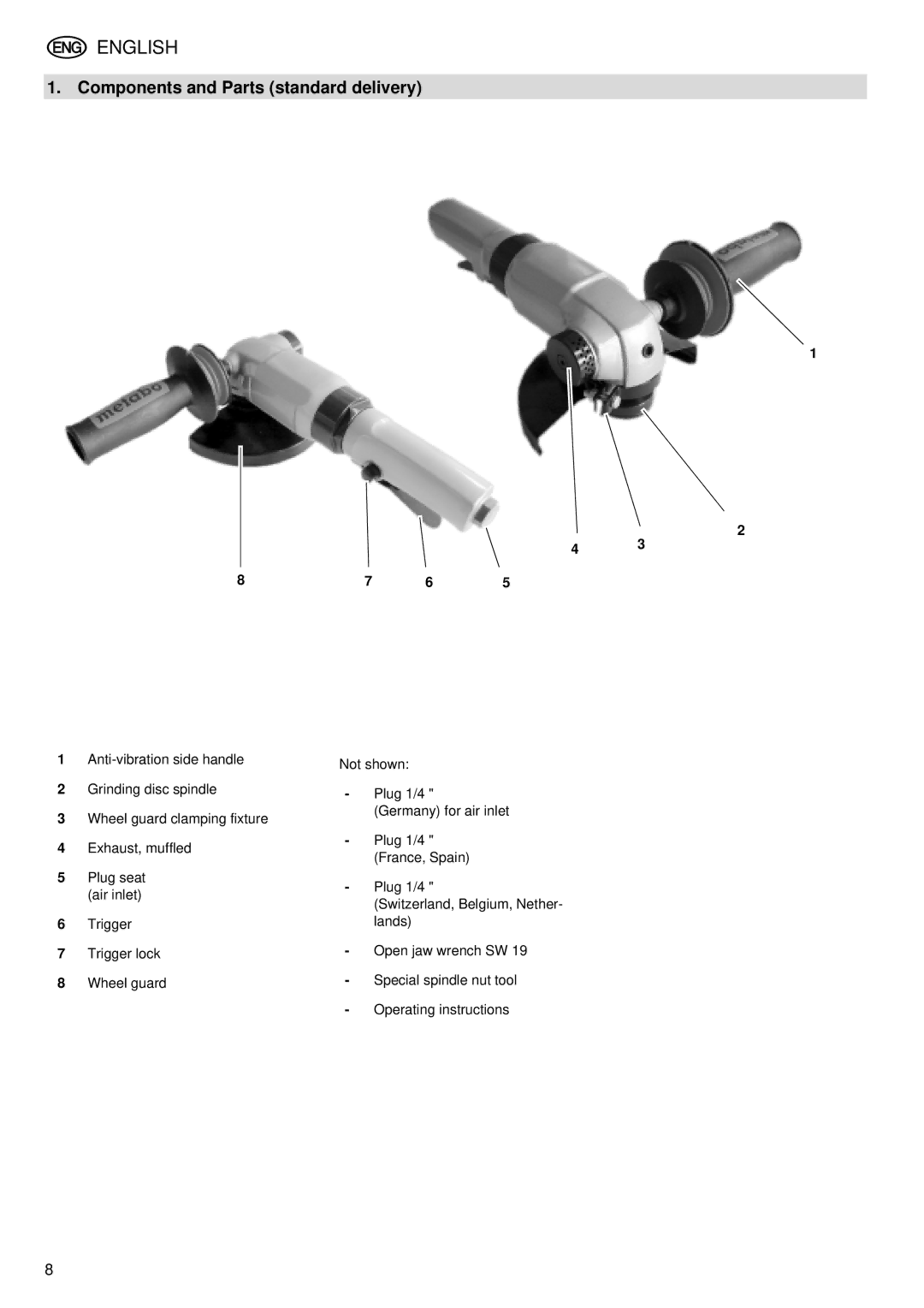 Metabo WS 7400 operating instructions English, Components and Parts standard delivery 