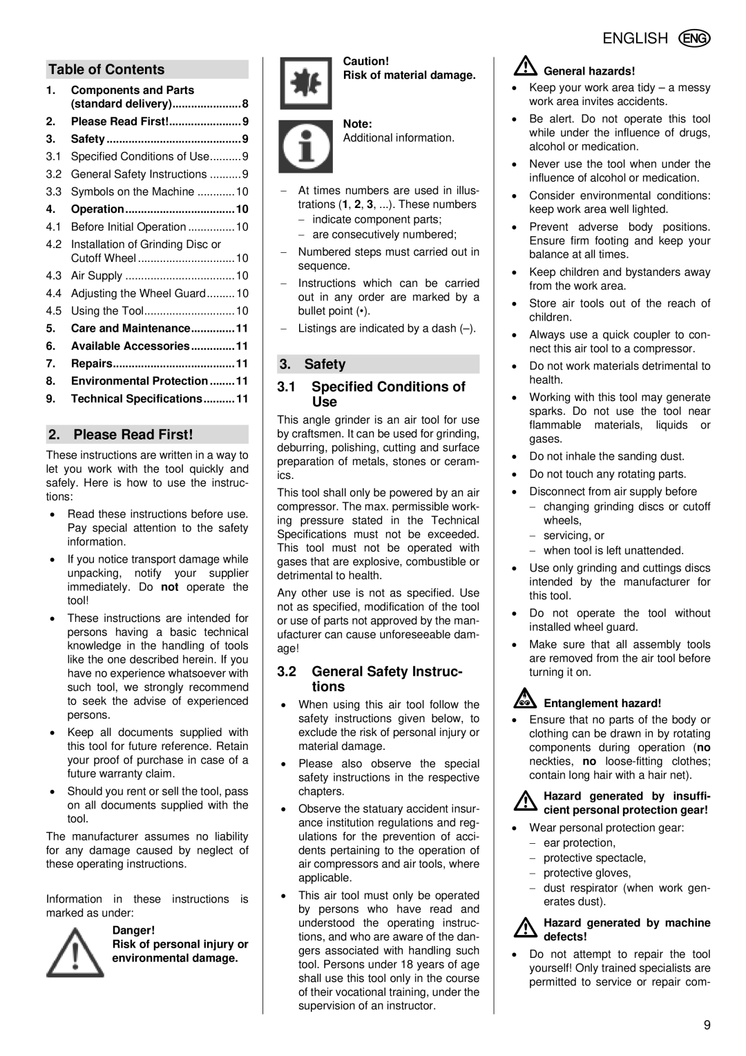 Metabo WS 7400 Table of Contents, Please Read First, Safety Specified Conditions of Use, General Safety Instruc- tions 