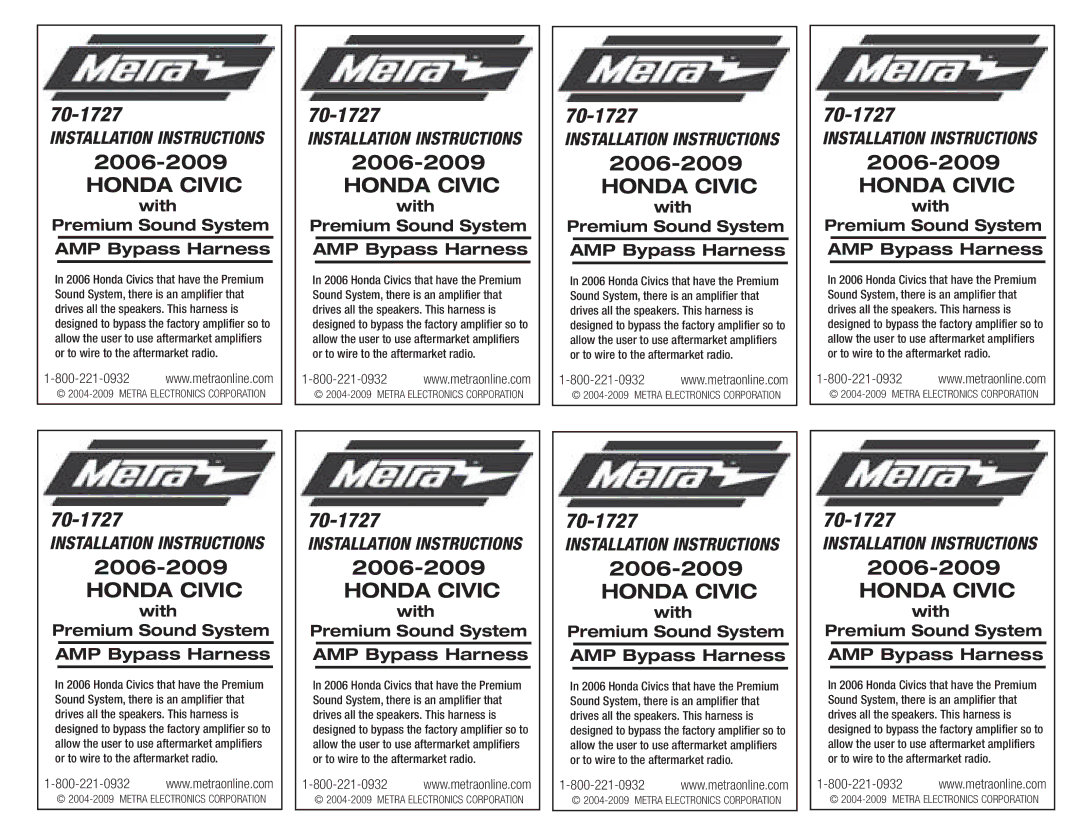 Metra Electronics 70-1727 installation instructions Honda Civic, With Premium Sound System AMP Bypass Harness 