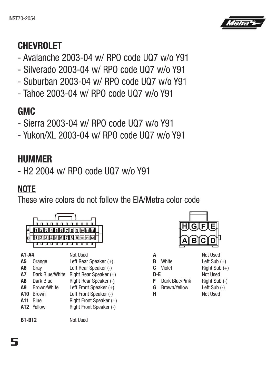 Metra Electronics 70-2054 installation instructions Hummer, H2 2004 w/ RPO code UQ7 w/o Y91 