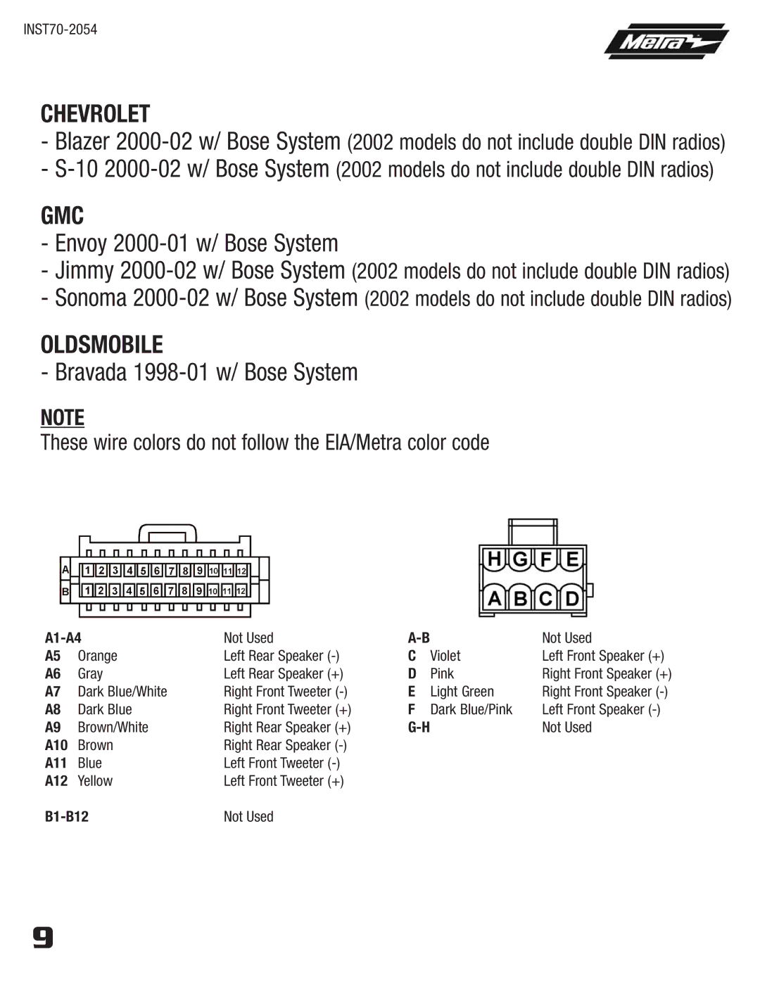 Metra Electronics 70-2054 installation instructions Envoy 2000-01 w/ Bose System 