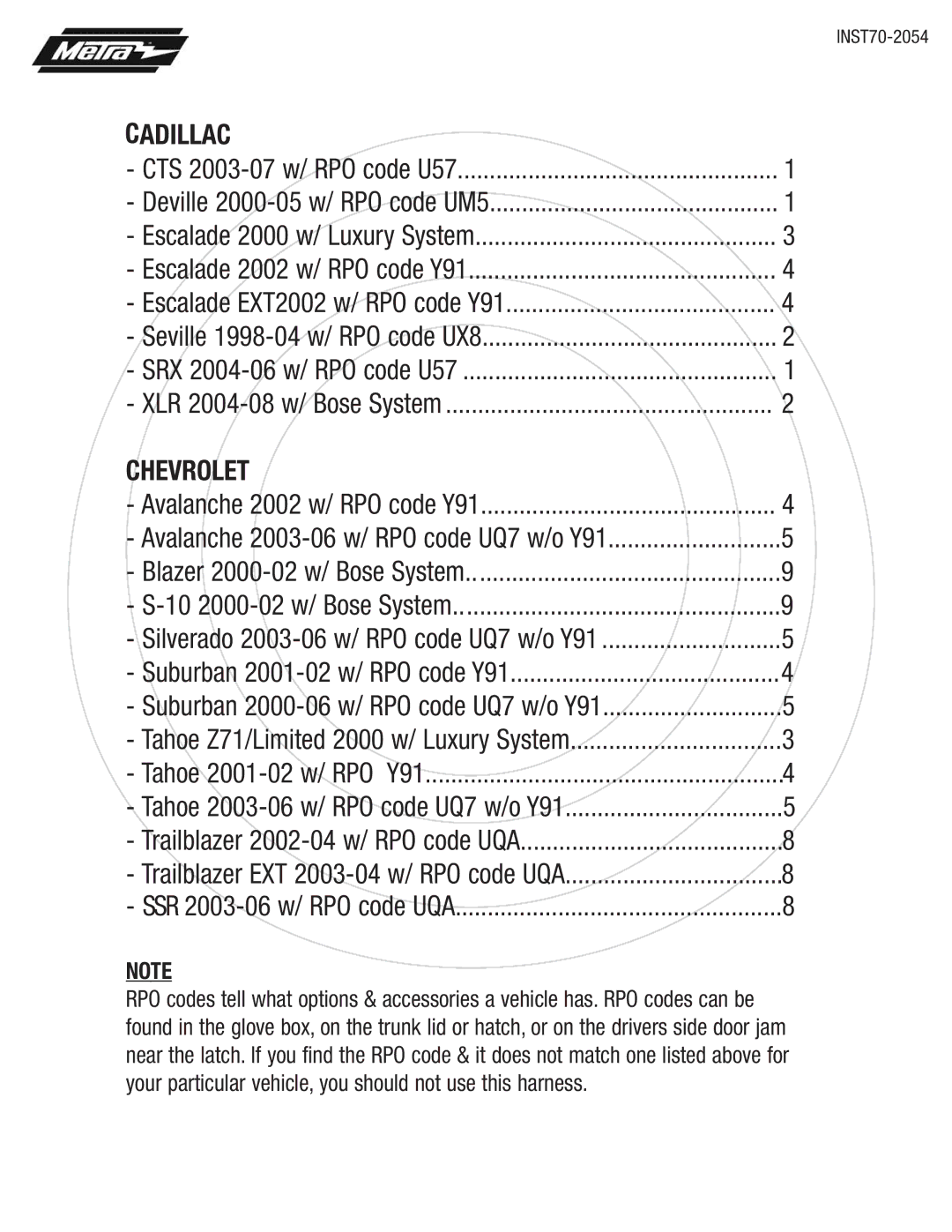 Metra Electronics 70-2054 installation instructions Cadillac 