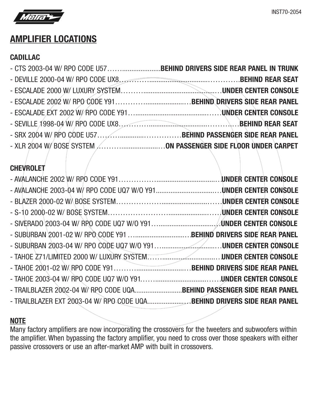 Metra Electronics 70-2054 installation instructions Amplifier Locations 