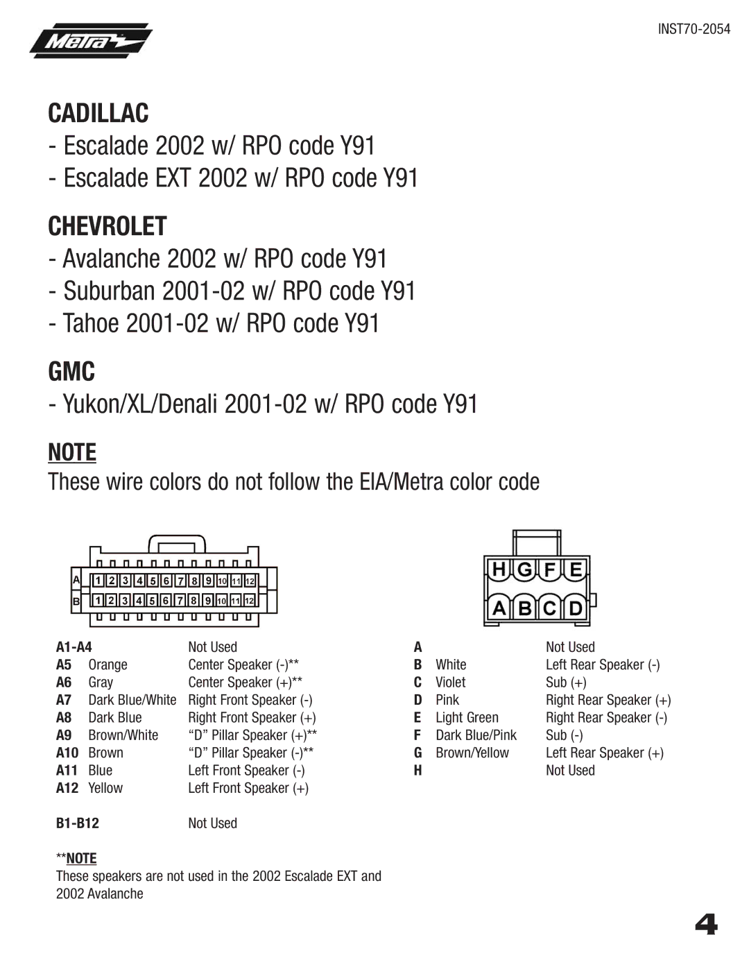 Metra Electronics 70-2054 installation instructions Yukon/XL/Denali 2001-02 w/ RPO code Y91 