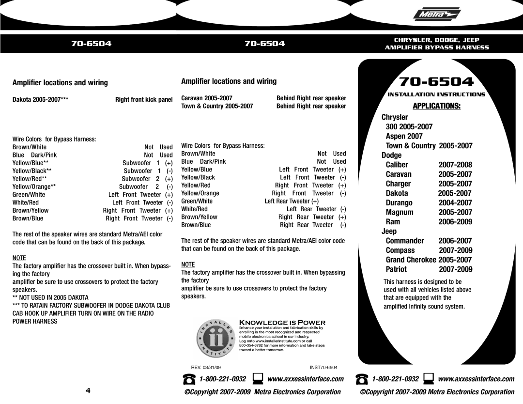 Metra Electronics 70-6504 installation instructions Commander Compass Grand Cherokee Patriot, Town & Country 