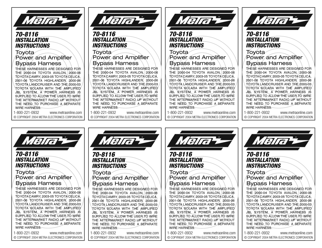 Metra Electronics 70-8116 installation instructions Installation Instructions, Toyota Power and Amplifier Bypass Harness 