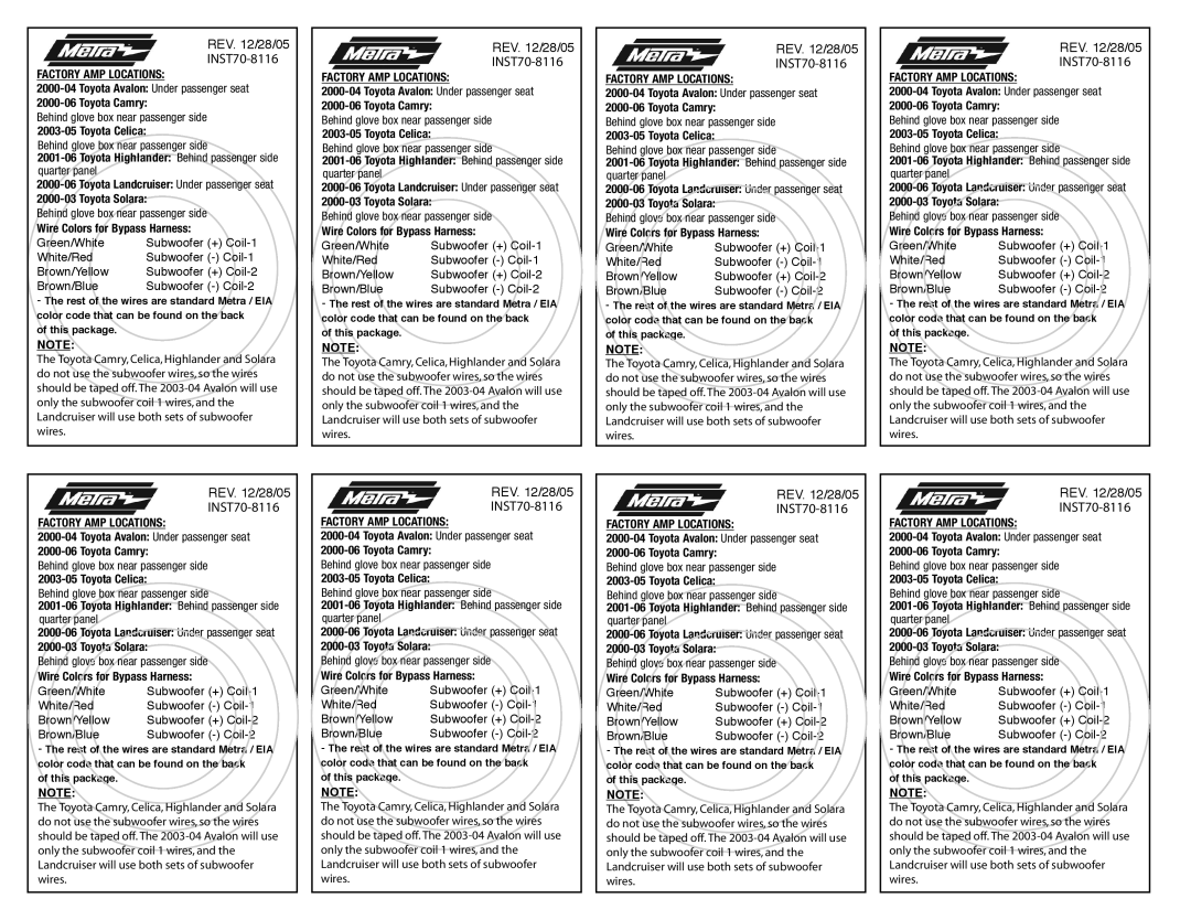 Metra Electronics installation instructions INST70-8116, Factory AMP Locations 