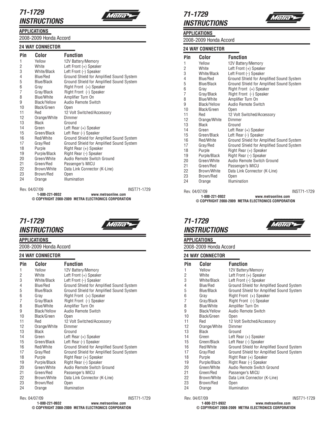 Metra Electronics 71-1729 manual Instructions, Pin Color, Function 