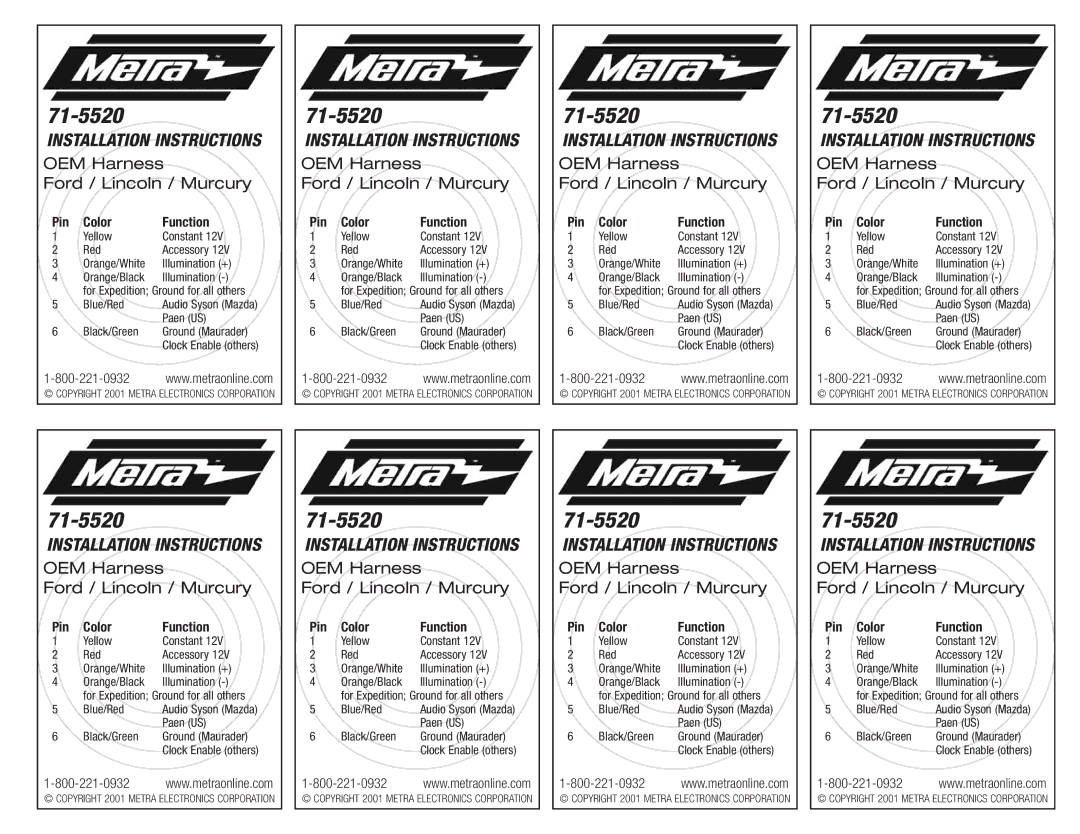 Metra Electronics 71-5520 installation instructions Installation Instructions, OEM Harness Ford / Lincoln / Murcury 