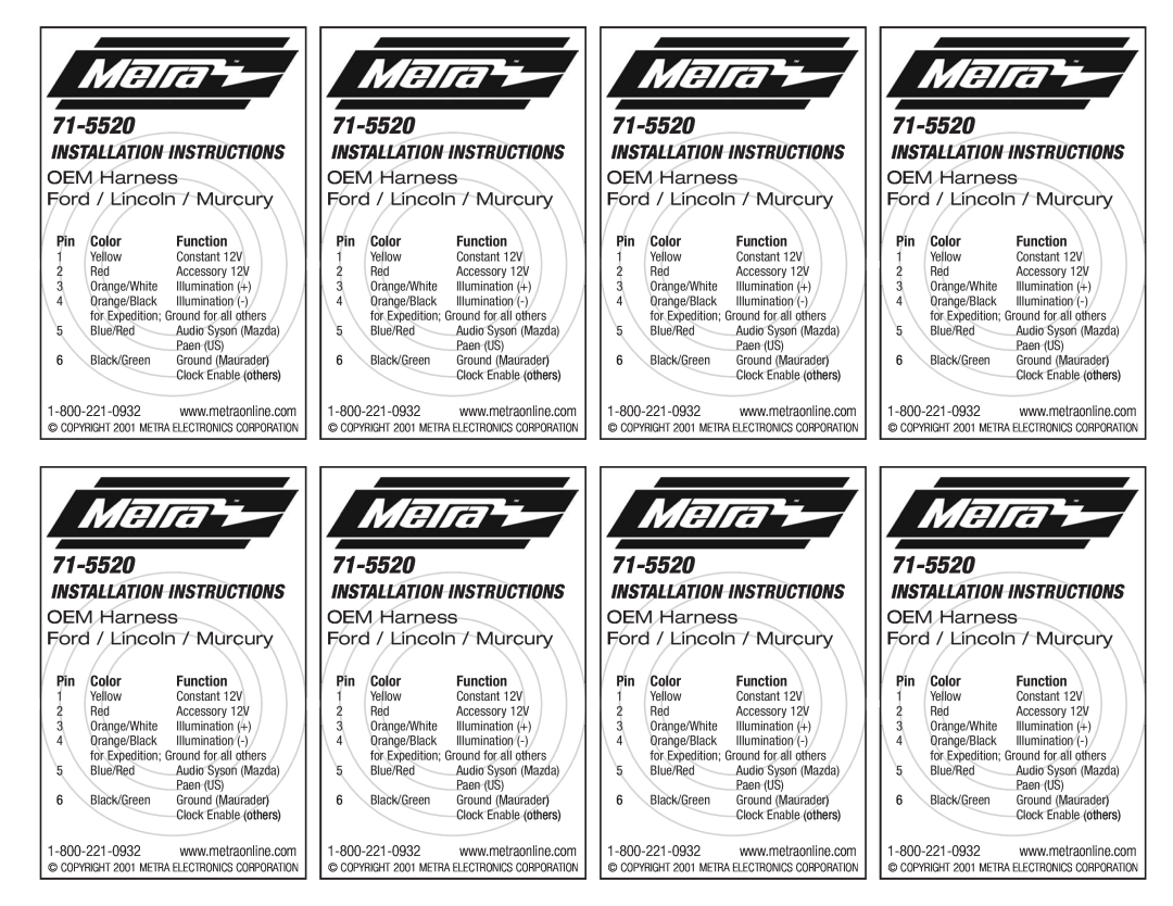Metra Electronics 71-5520 installation instructions Installation Instructions, OEM Harness Ford / Lincoln / Murcury 