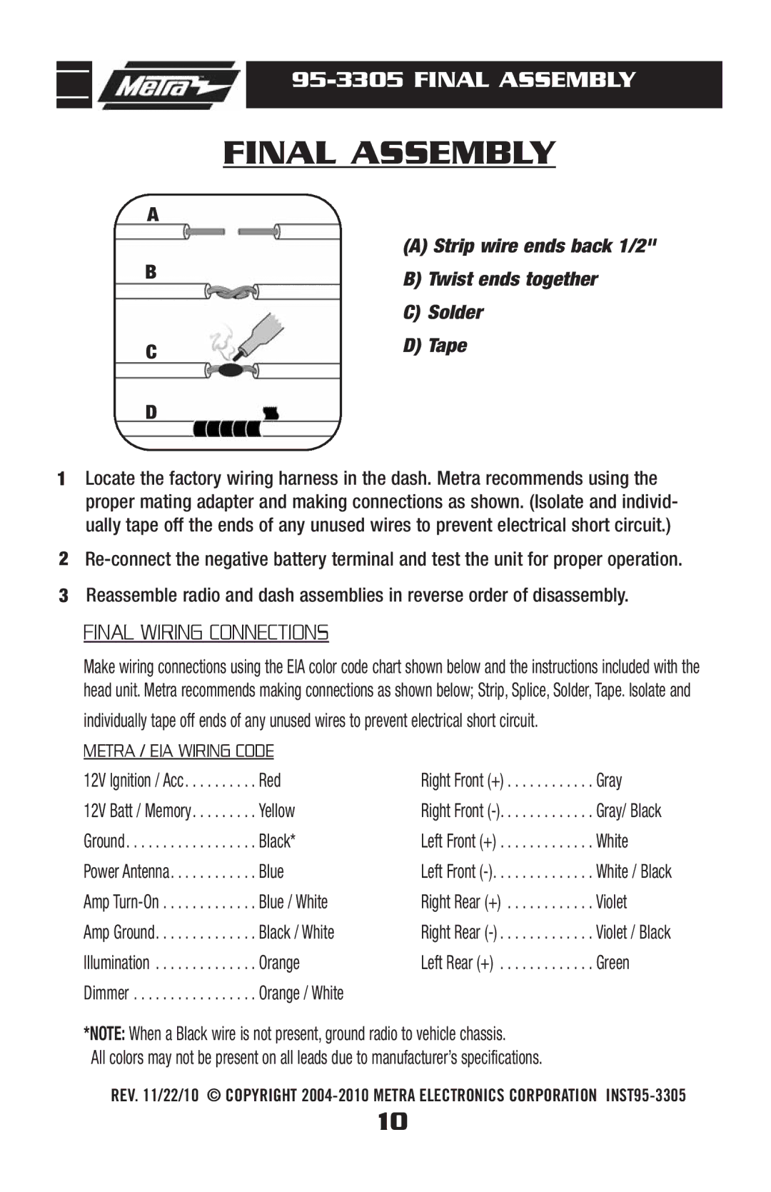 Metra Electronics 95-3305 installation instructions Final Assembly 