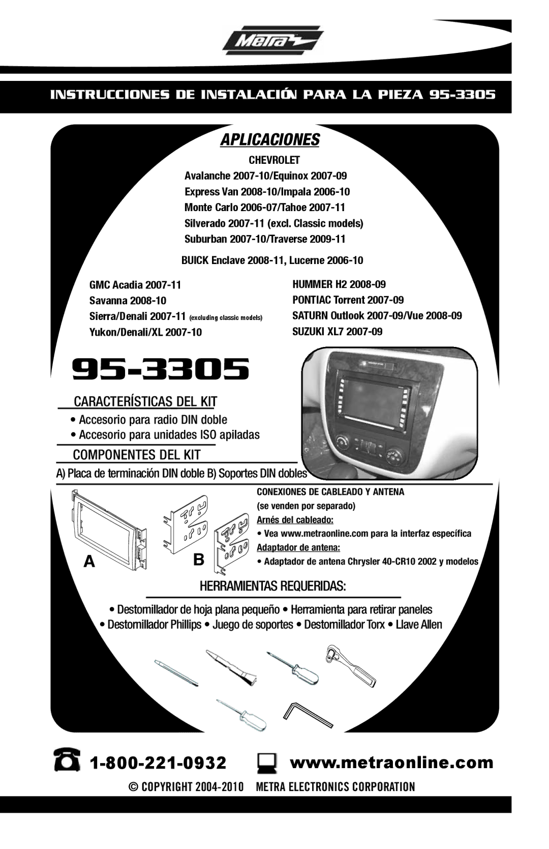 Metra Electronics 95-3305 installation instructions Aplicaciones 