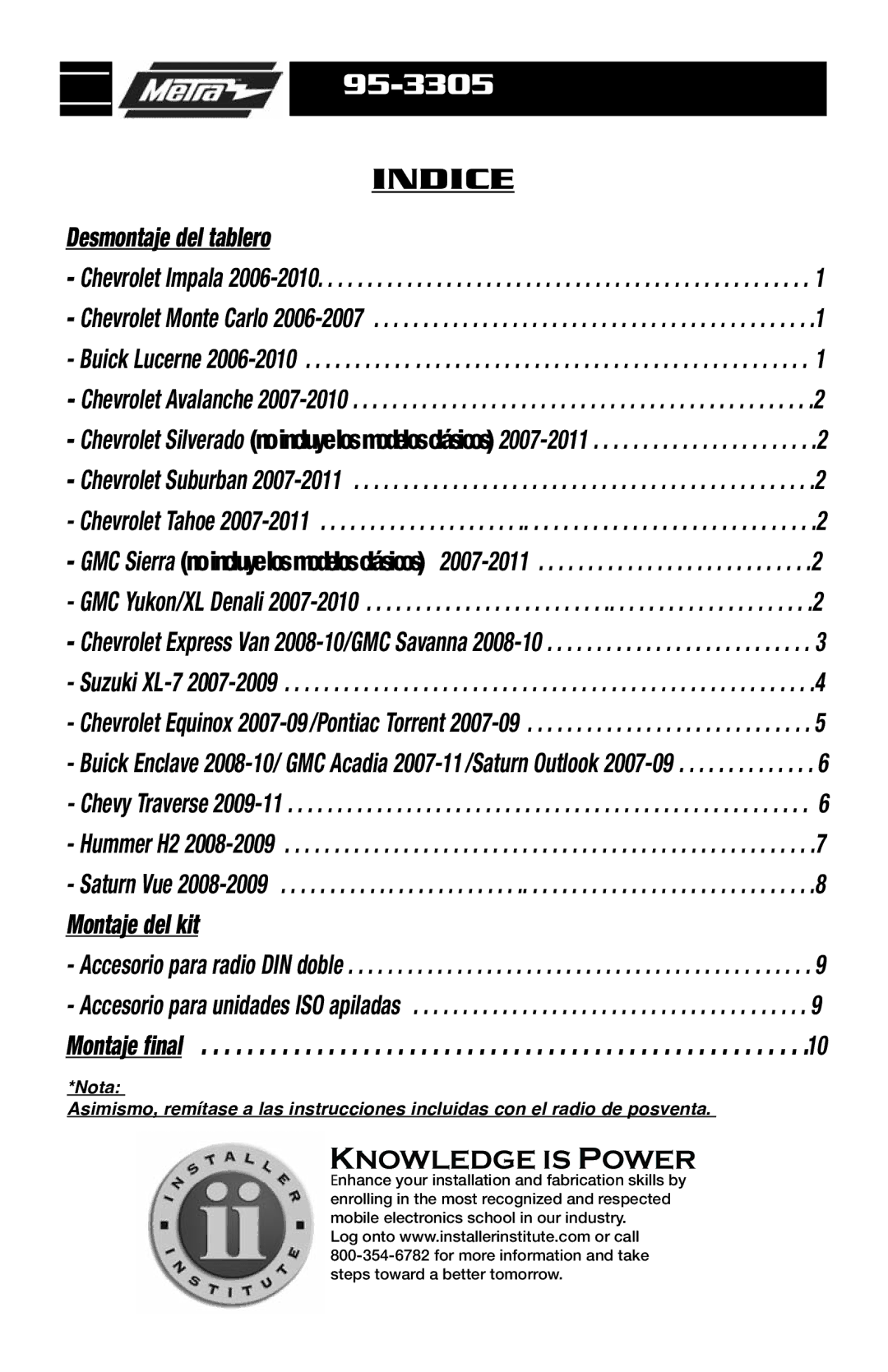 Metra Electronics 95-3305 installation instructions Indice, Desmontaje del tablero 