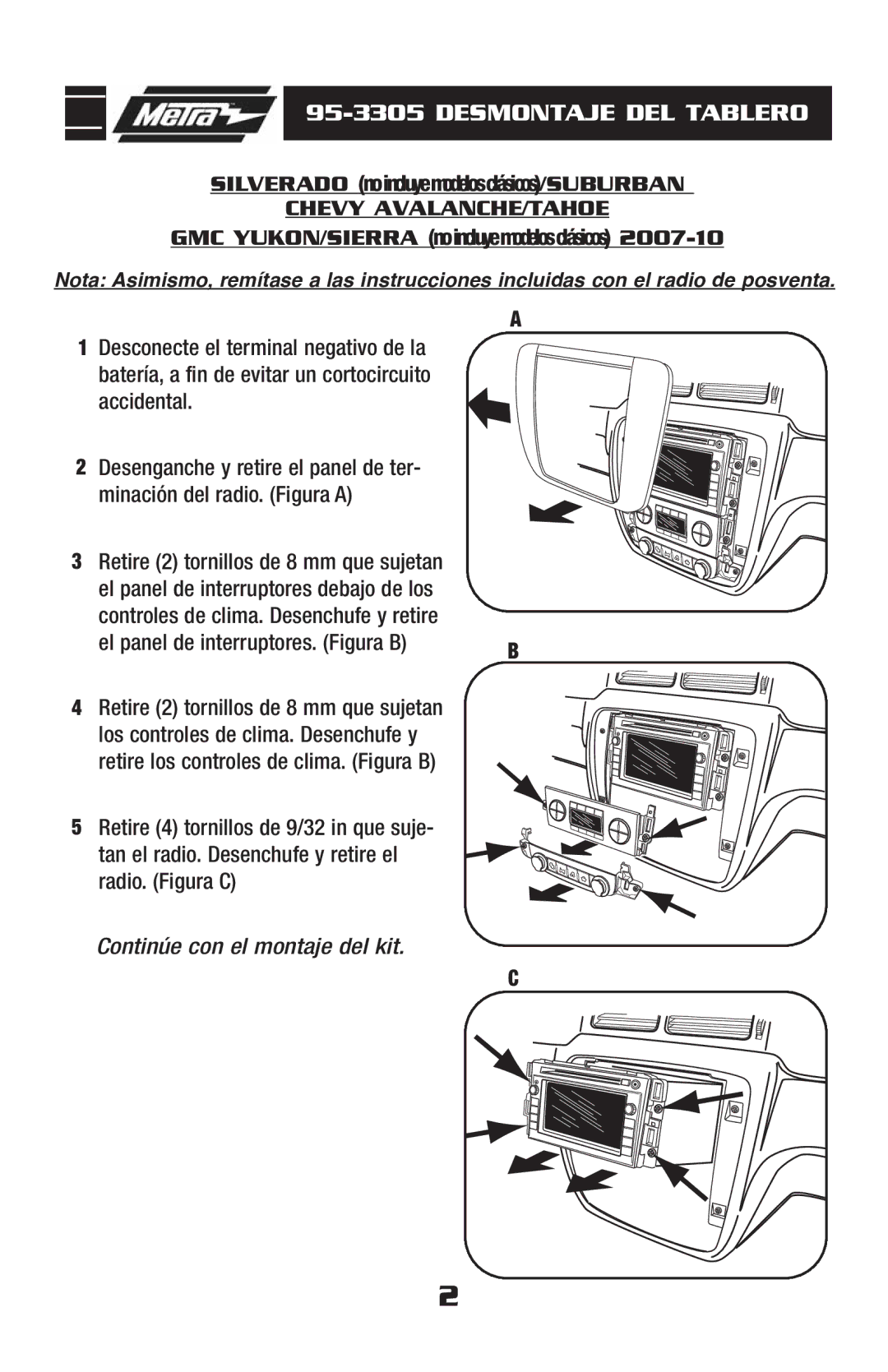 Metra Electronics 95-3305 installation instructions Silverado no incluye modelos clásicos/SUBURBAN 