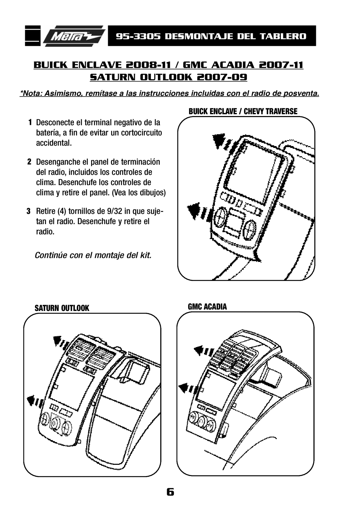 Metra Electronics 95-3305 installation instructions Saturn Outlook 