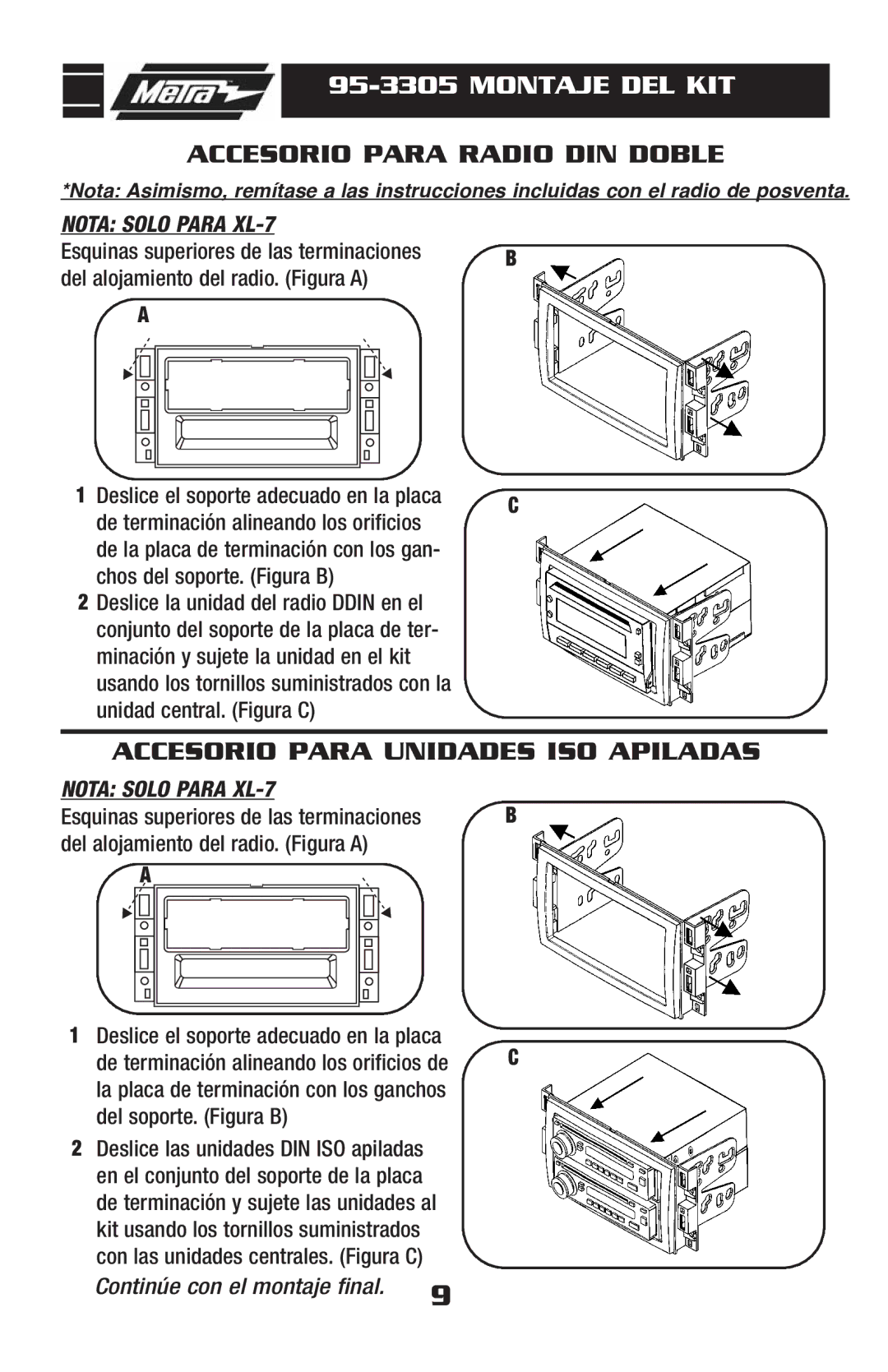 Metra Electronics 95-3305 installation instructions Accesorio Para Radio DIN Doble, Accesorio Para Unidades ISO Apiladas 