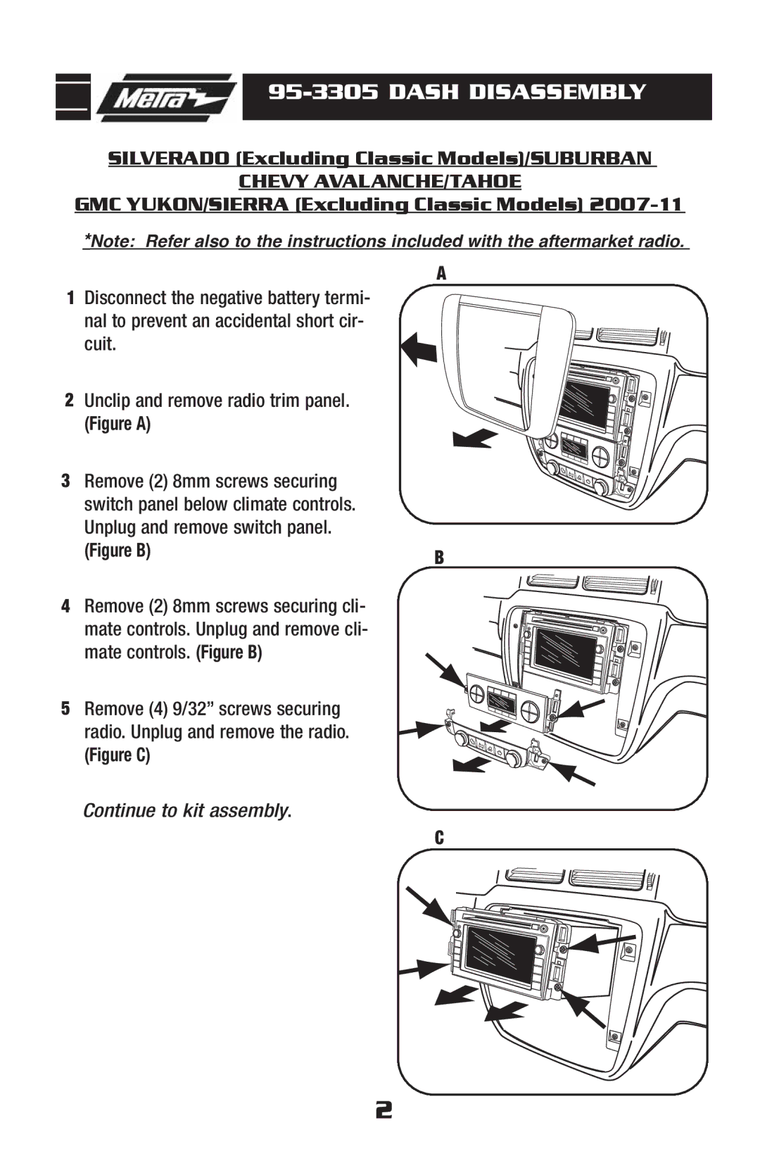 Metra Electronics 95-3305 installation instructions Chevy AVALANCHE/TAHOE 