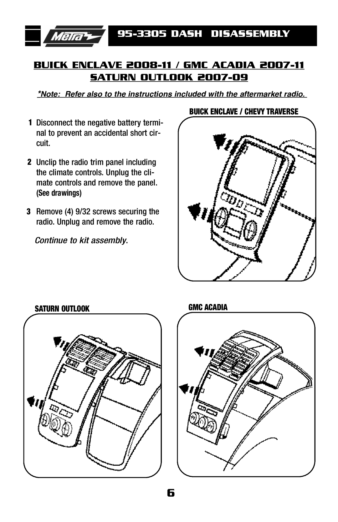 Metra Electronics 95-3305 installation instructions Saturn Outlook, Buick Enclave / Chevy Traverse 