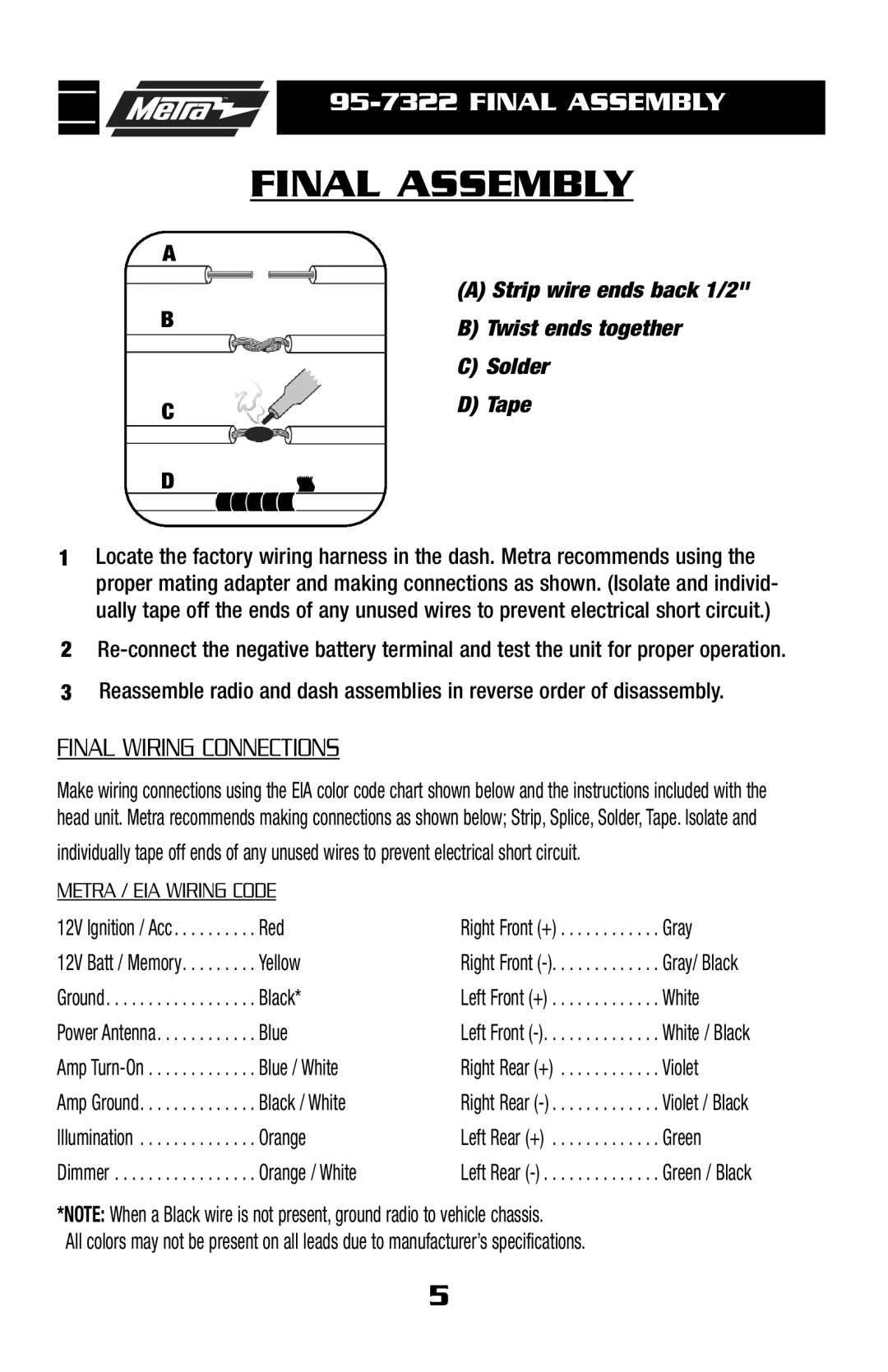 Metra Electronics 95-7322 installation instructions Final Assembly 