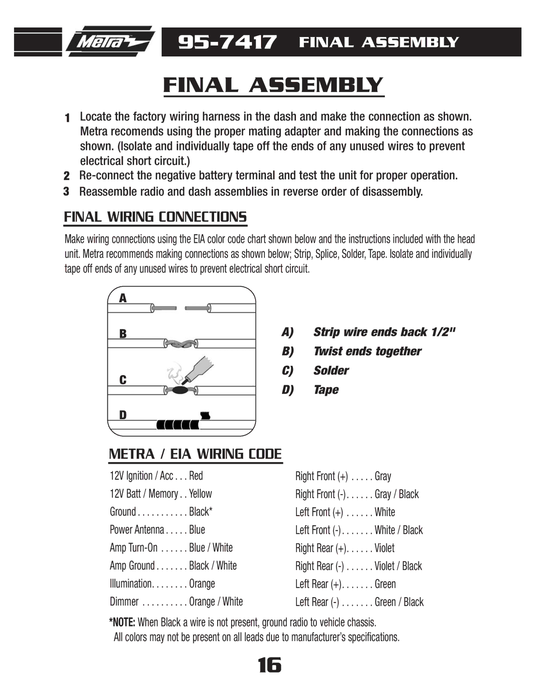 Metra Electronics 95-7417 installation instructions Final Assembly 