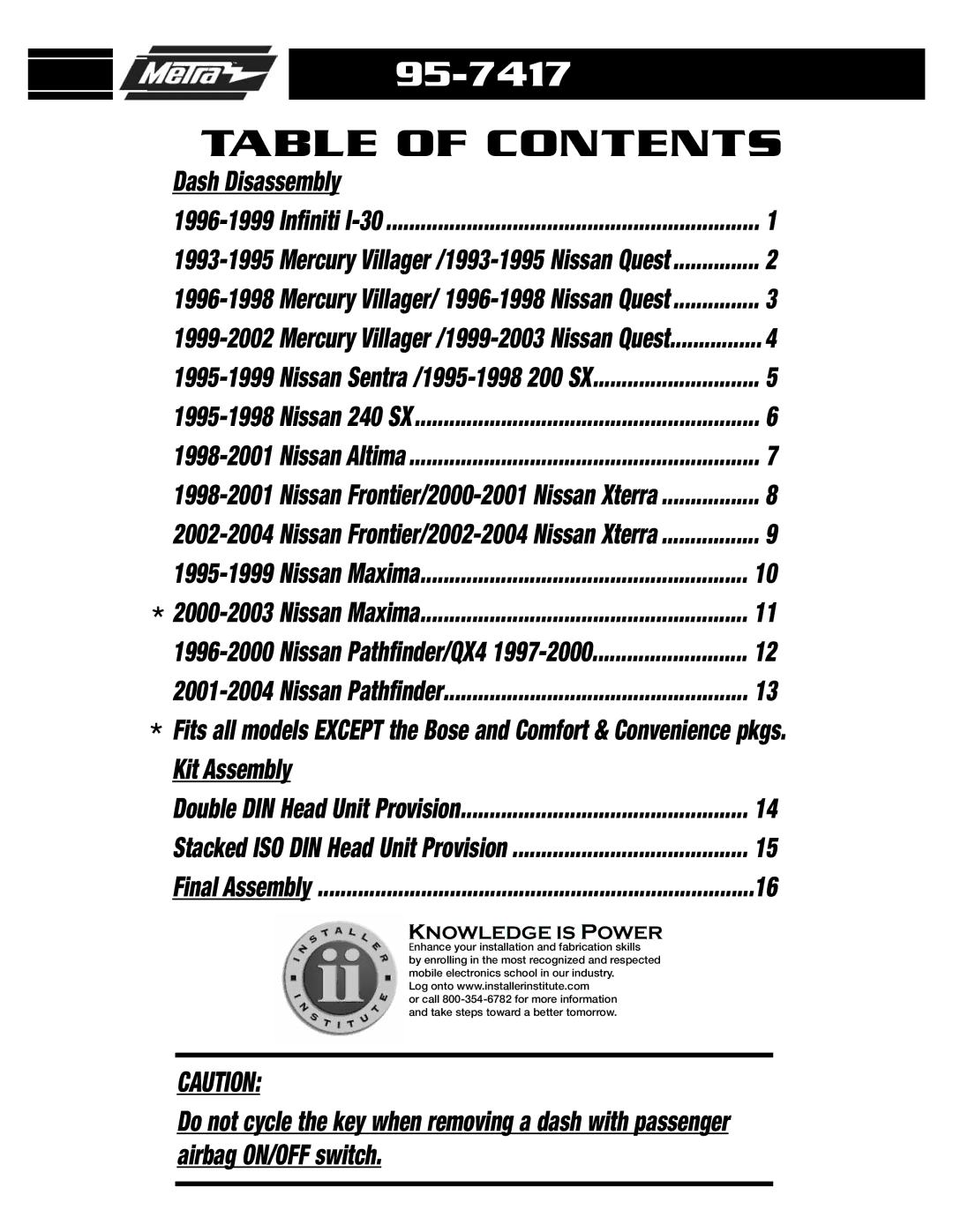 Metra Electronics 95-7417 installation instructions Table of Contents 