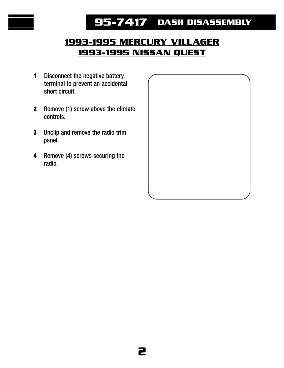 Metra Electronics 95-7417 installation instructions Mercury Villager, Nissan Quest 