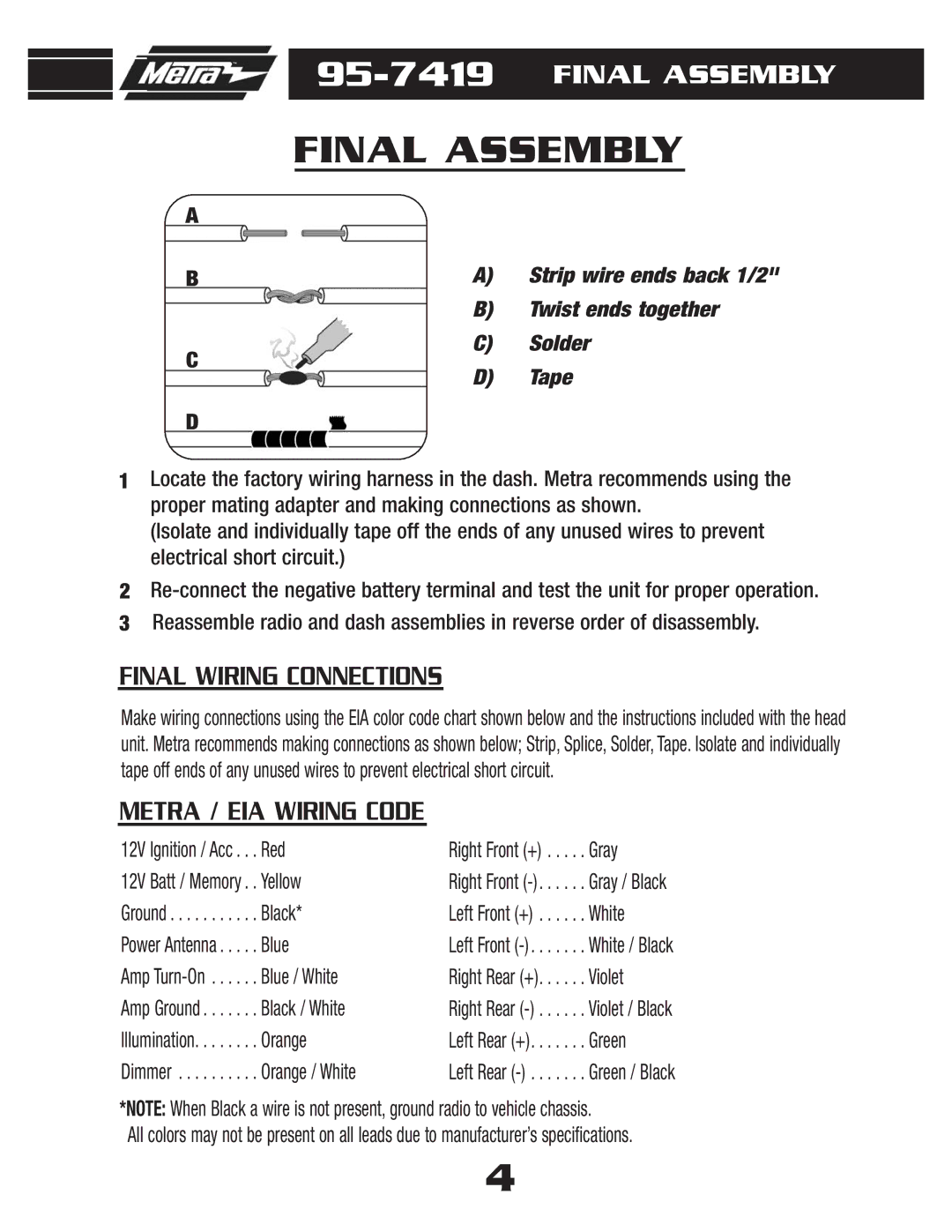 Metra Electronics 95-7419 installation instructions Final Assembly, Tape 