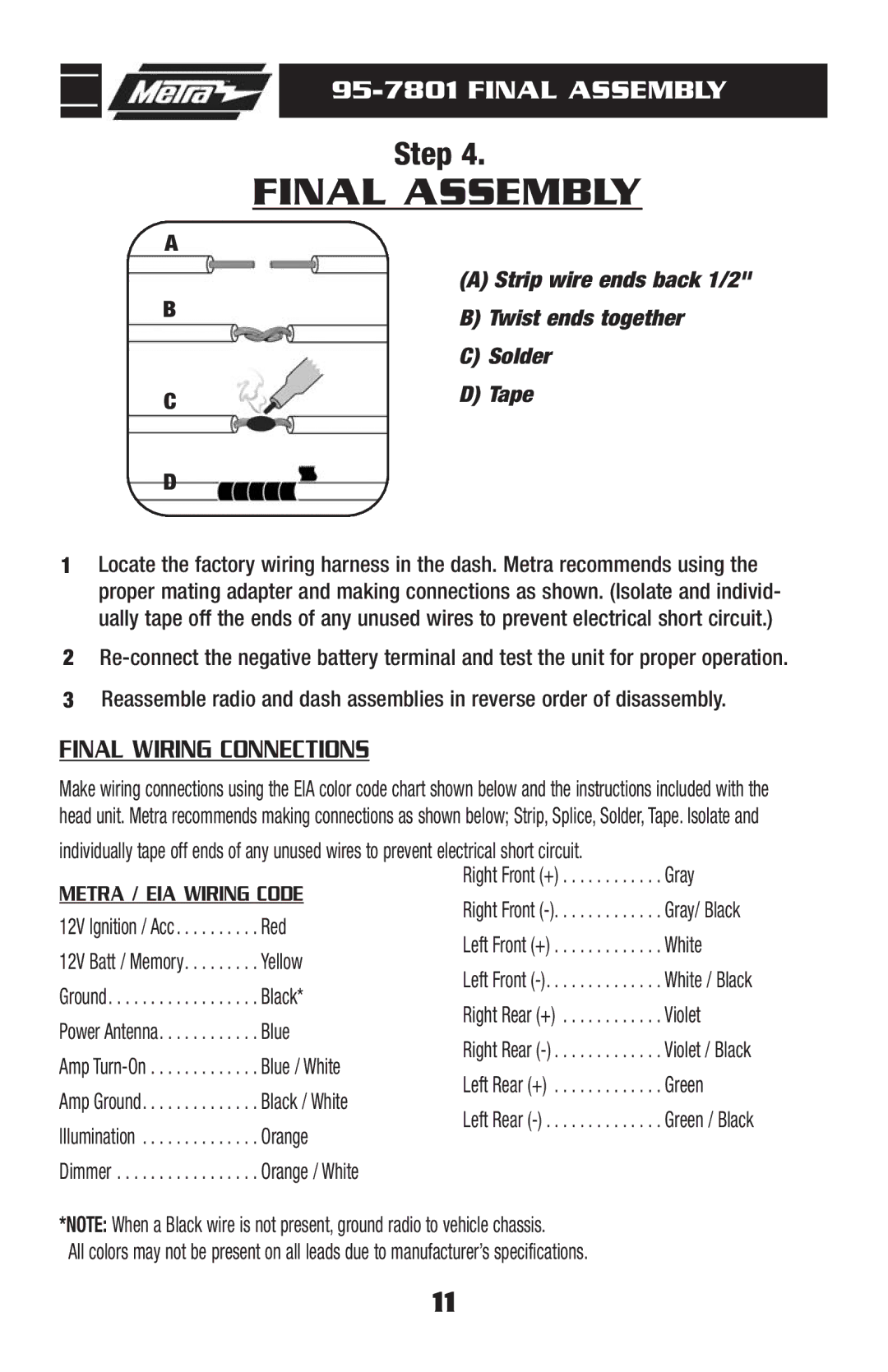 Metra Electronics 95-7801 installation instructions Final Assembly 