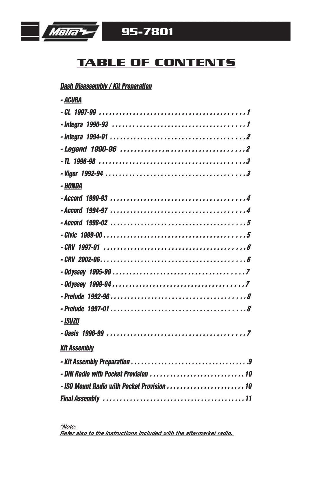 Metra Electronics 95-7801 installation instructions Table of Contents 