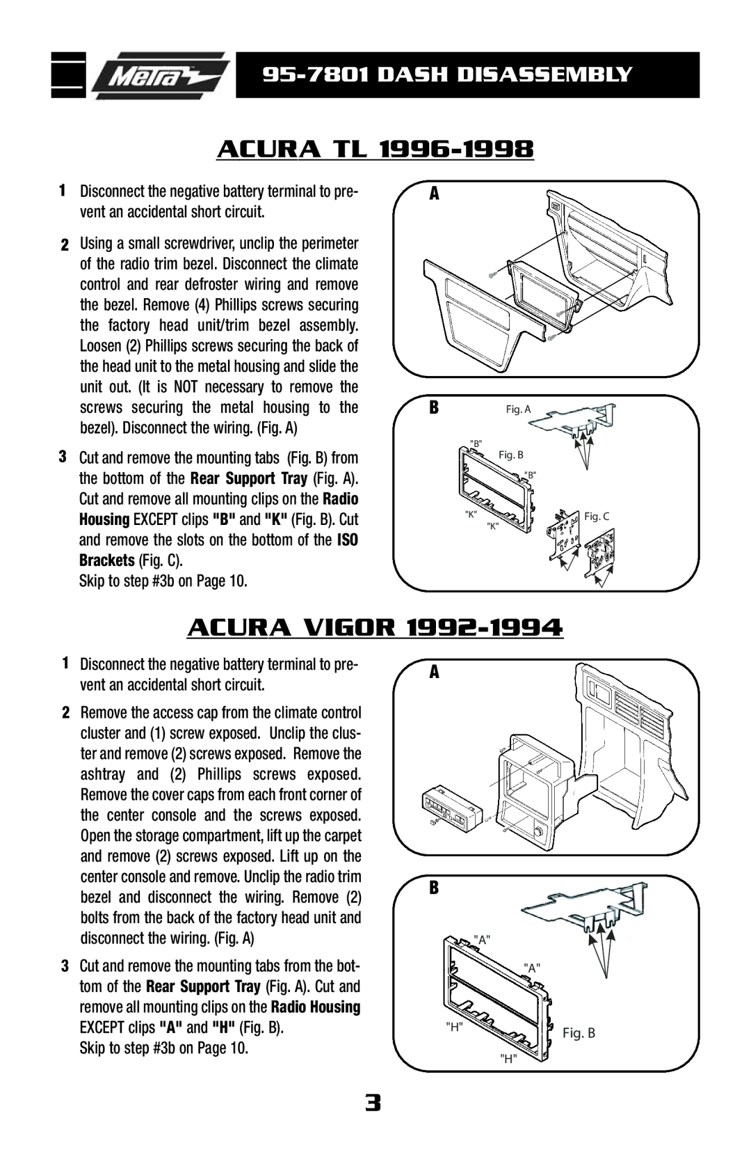 Metra Electronics 95-7801 installation instructions Acura TL, Acura Vigor 