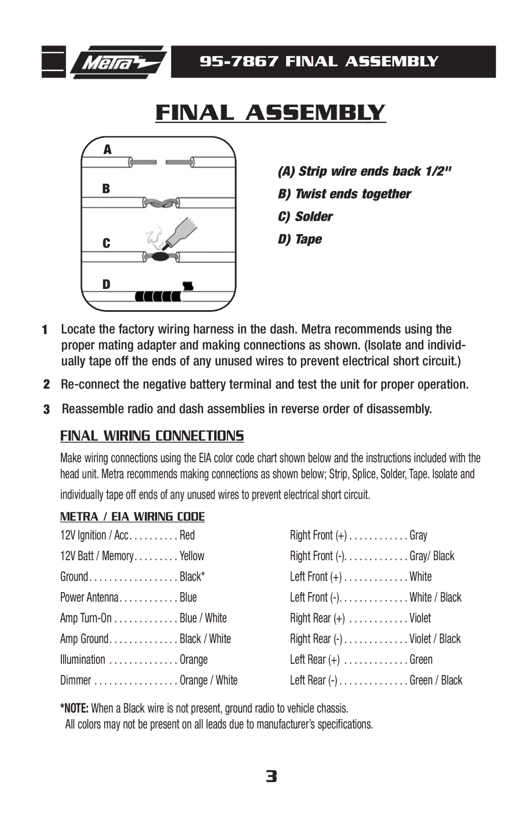 Metra Electronics 95-7867 installation instructions Final Assembly, Final Wiring Connections 