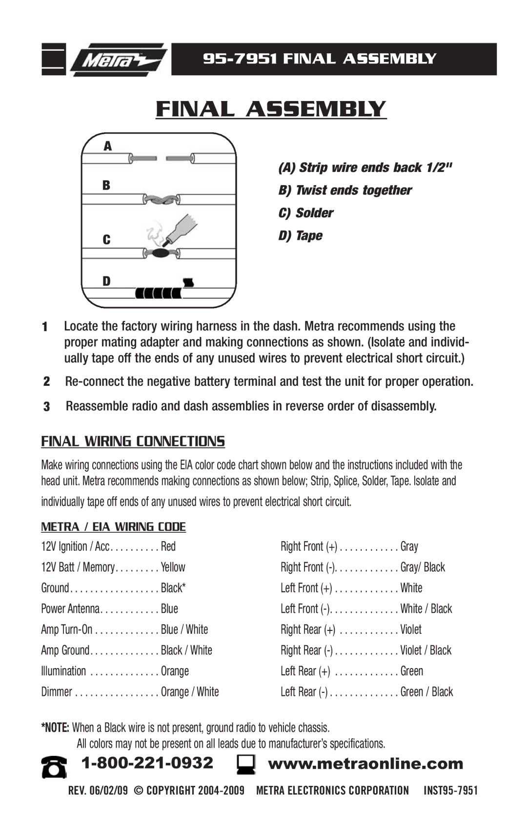 Metra Electronics 95-7951 installation instructions Final Assembly, Final Wiring Connections 