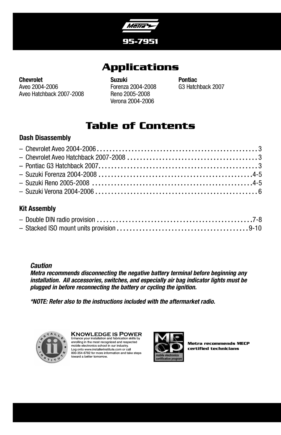 Metra Electronics 95-7951 installation instructions Applications, Table of Contents 