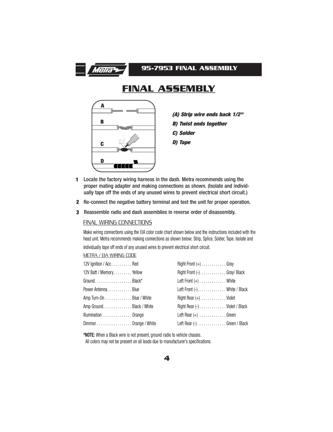 Metra Electronics 95-7953 installation instructions Final Assembly, Metra / EIA Wiring Code 