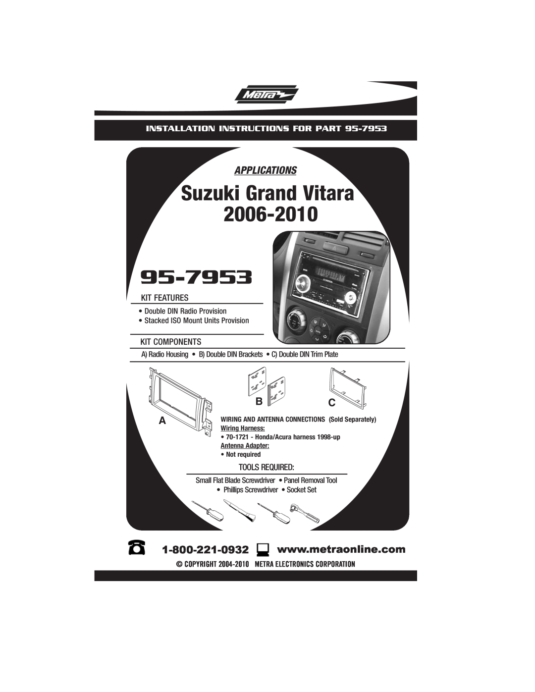 Metra Electronics 95-7953 installation instructions Suzuki Grand Vitara, Applications, Installation Instructions For Part 