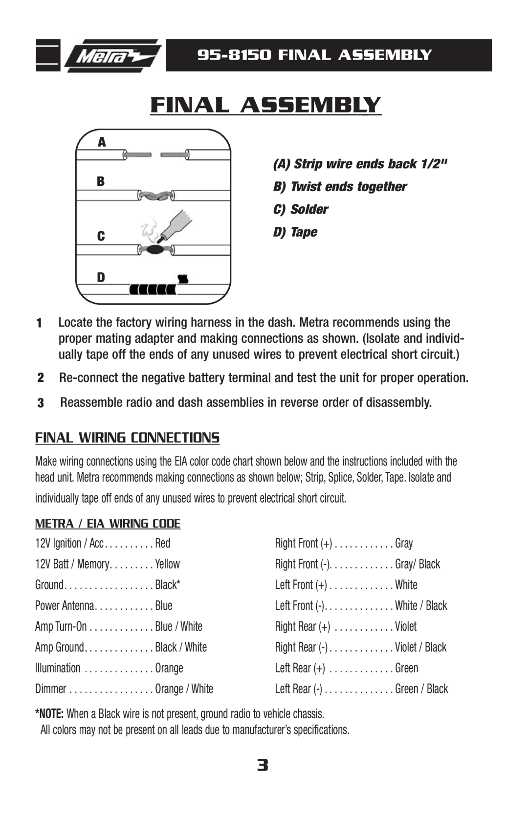 Metra Electronics 95-8150 installation instructions Final Assembly 