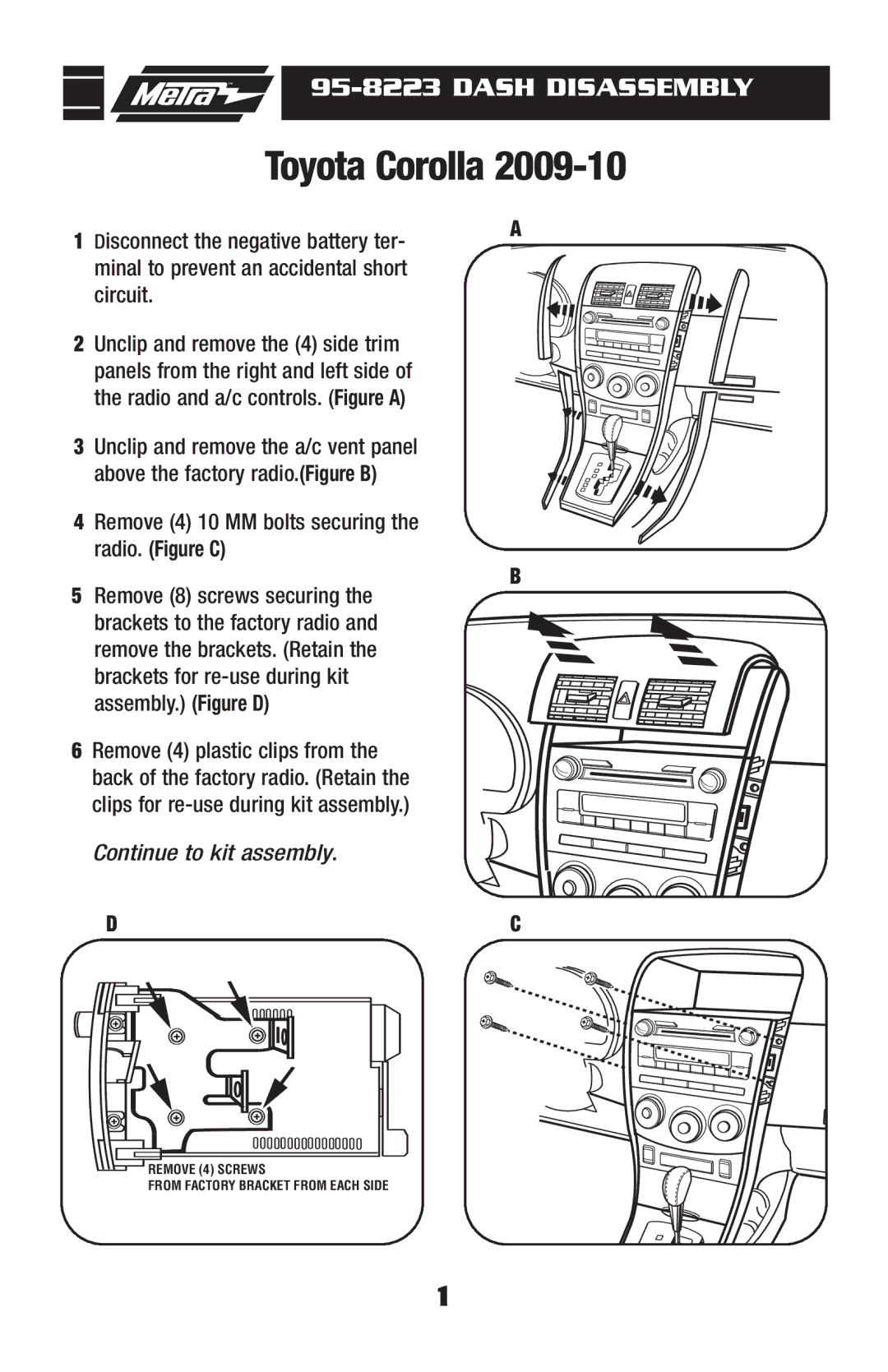 Metra Electronics 95-8223S installation instructions Toyota Corolla 