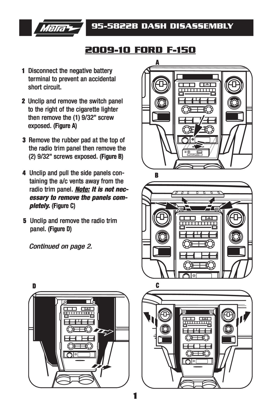 Metra Electronics 955822 installation instructions FORD F-150, 95-5822B DASH DISASSEMBLY, Continued on page 