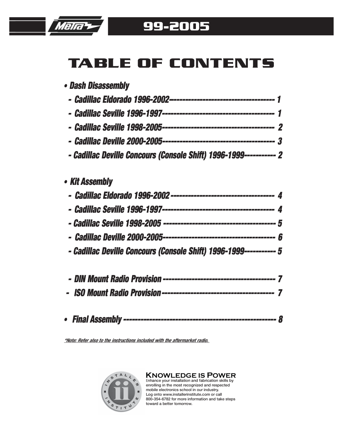Metra Electronics 99-2005 installation instructions Table Of Contents, Dash Disassembly, Kit Assembly 
