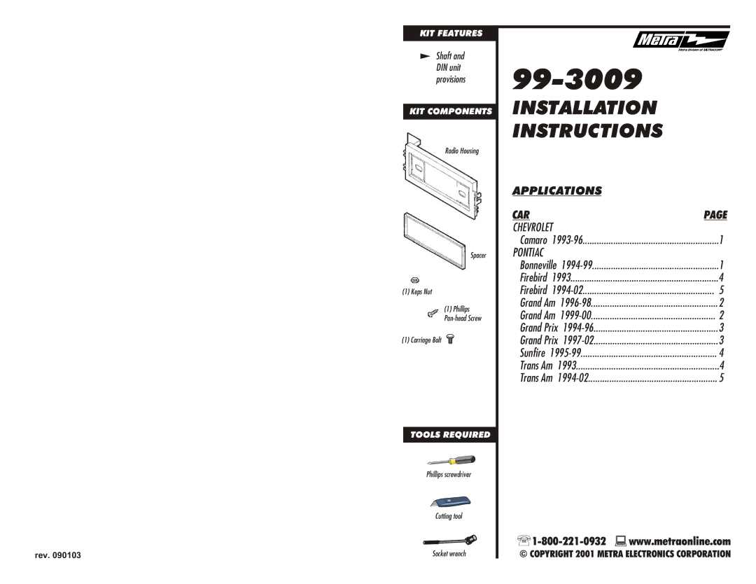 Metra Electronics 99-3009 installation instructions 