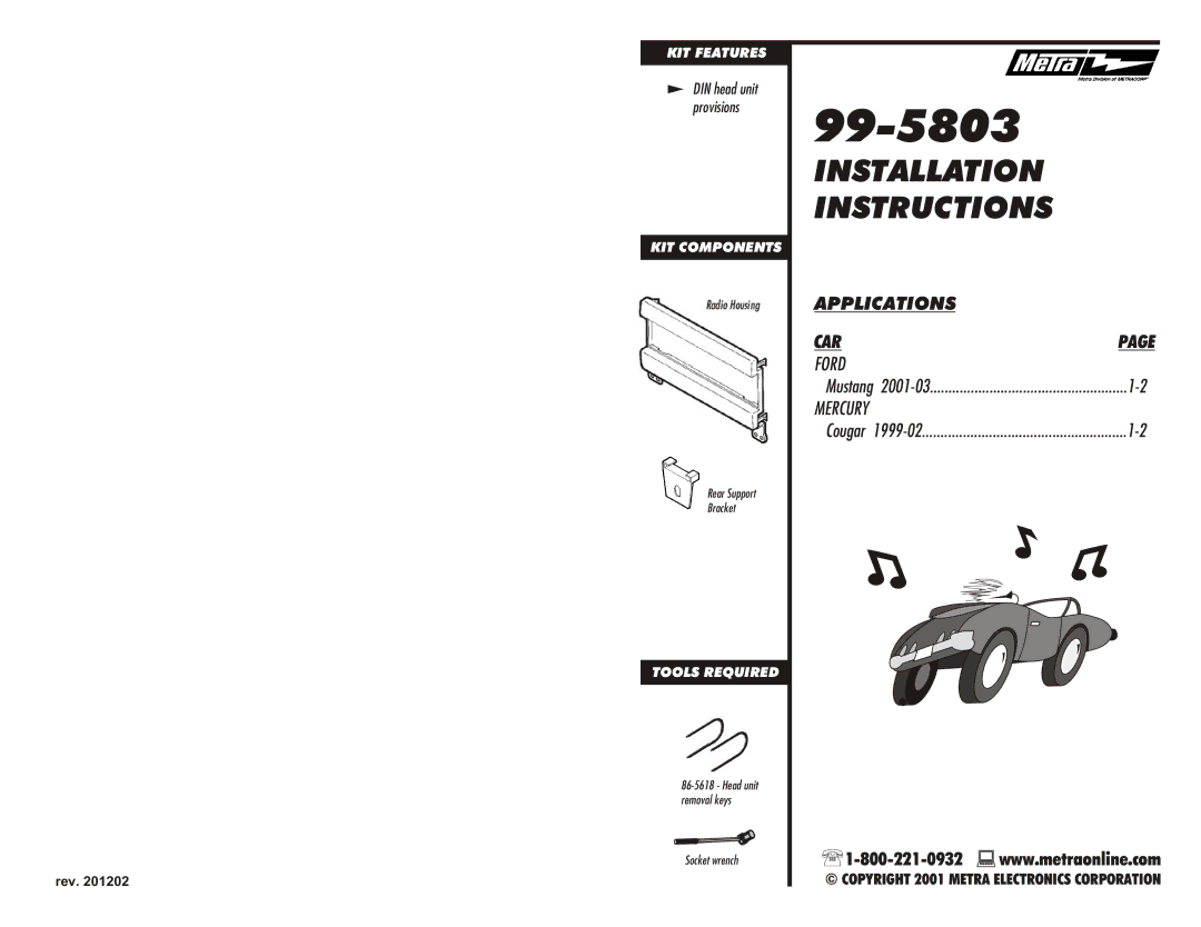 Metra Electronics 99-5803 installation instructions Installation Instructions, Radio Housing Rear Support Bracket 