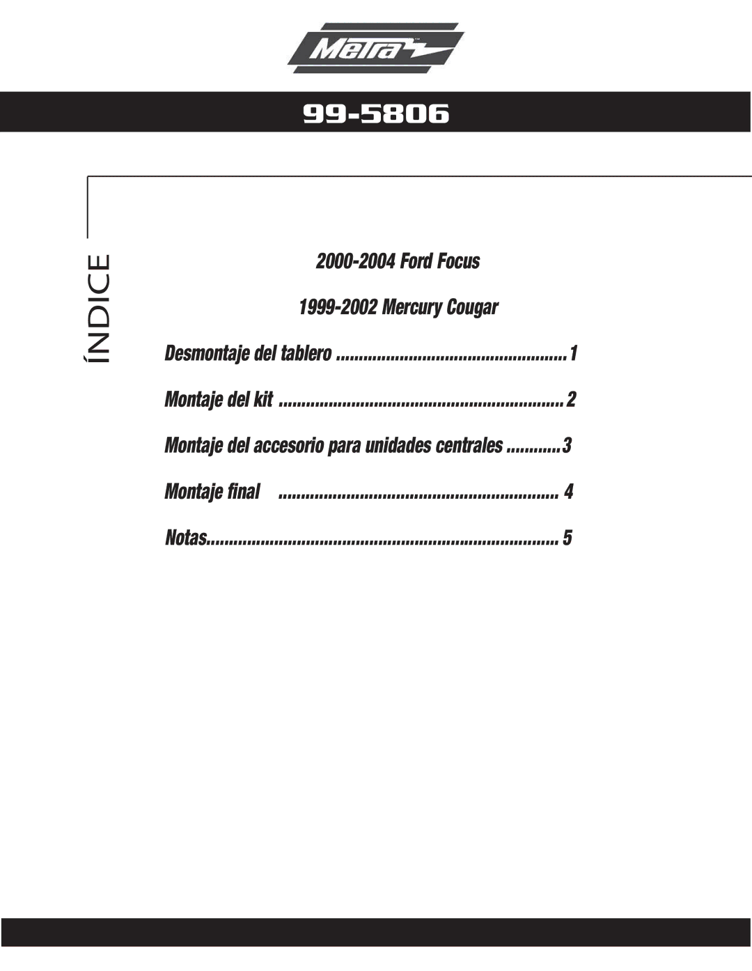 Metra Electronics 99-5806 installation instructions Índice 