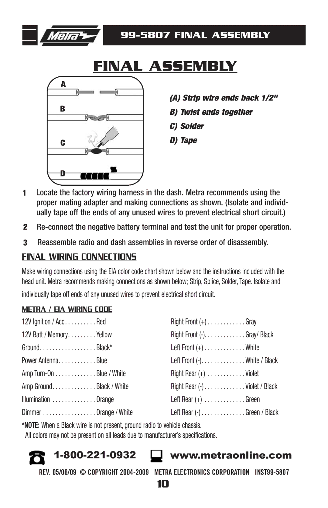 Metra Electronics 99-5807 installation instructions Final Assembly, Final Wiring Connections 