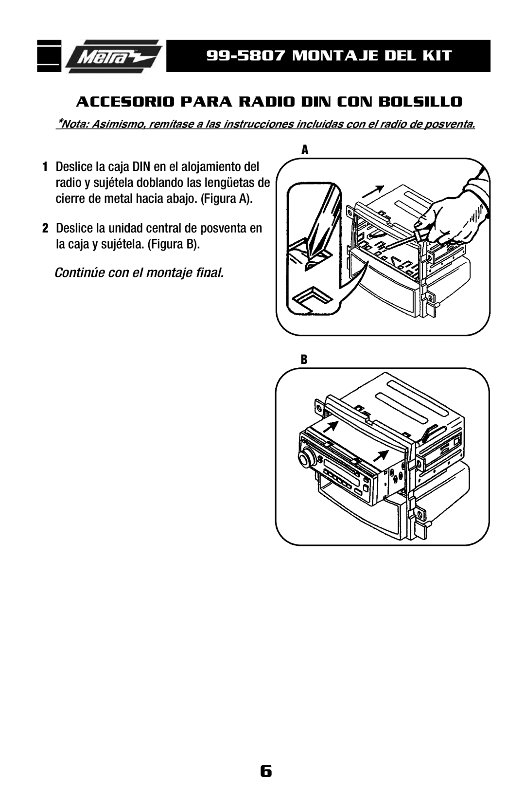 Metra Electronics 99-5807 installation instructions Accesorio Para Radio DIN CON Bolsillo 