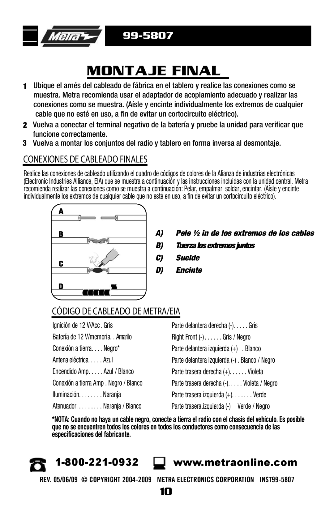 Metra Electronics 99-5807 installation instructions Montaje Final 