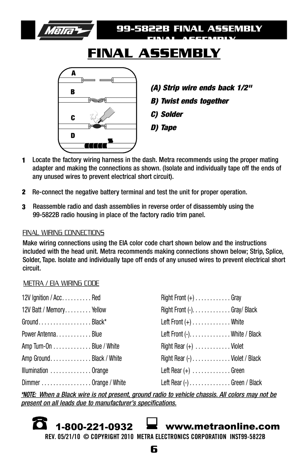 Metra Electronics 99-5822B installation instructions Final Assembly 