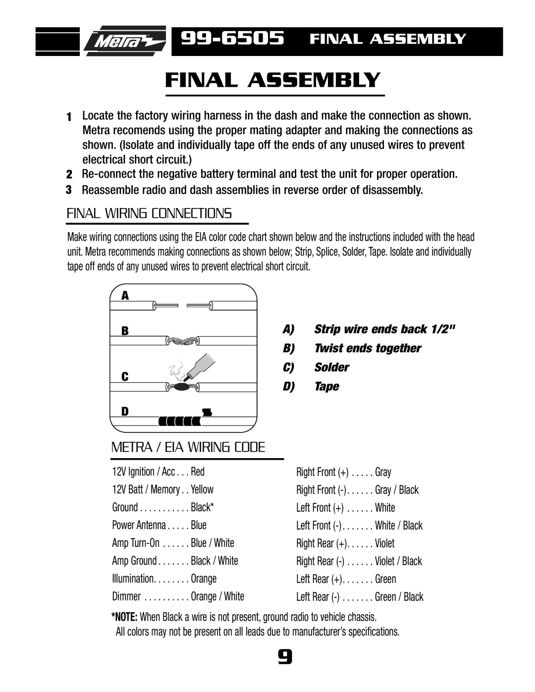 Metra Electronics 99-6505 installation instructions Final Assembly 