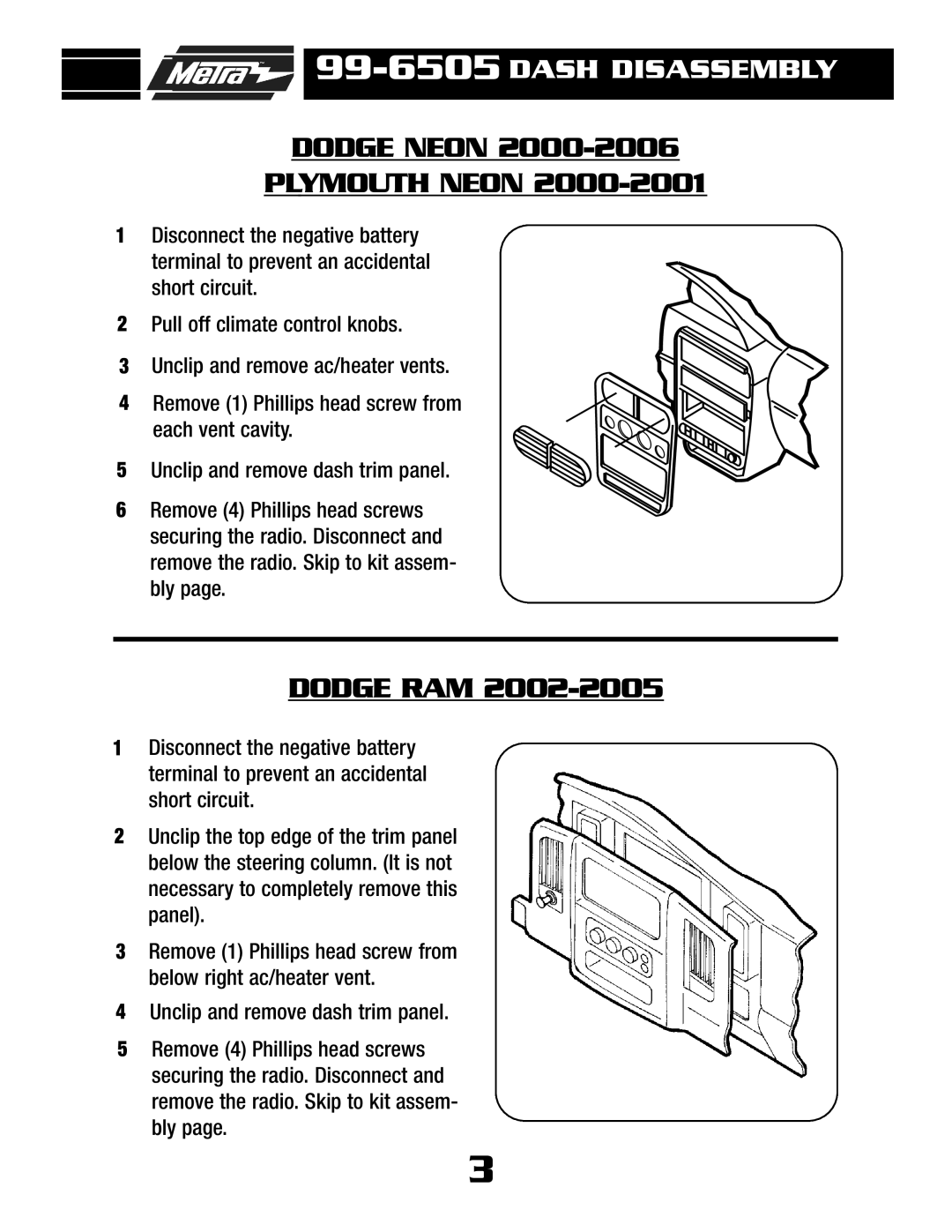 Metra Electronics 99-6505 installation instructions Dodge Neon, Plymouth Neon, Dodge RAM 