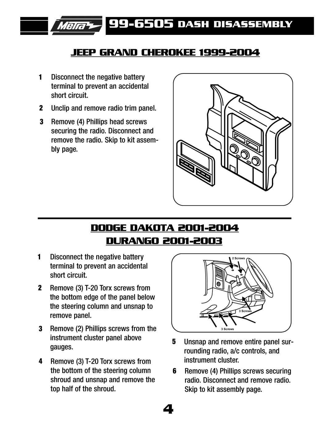 Metra Electronics 99-6505 installation instructions Jeep Grand Cherokee, Dodge Dakota Durango 