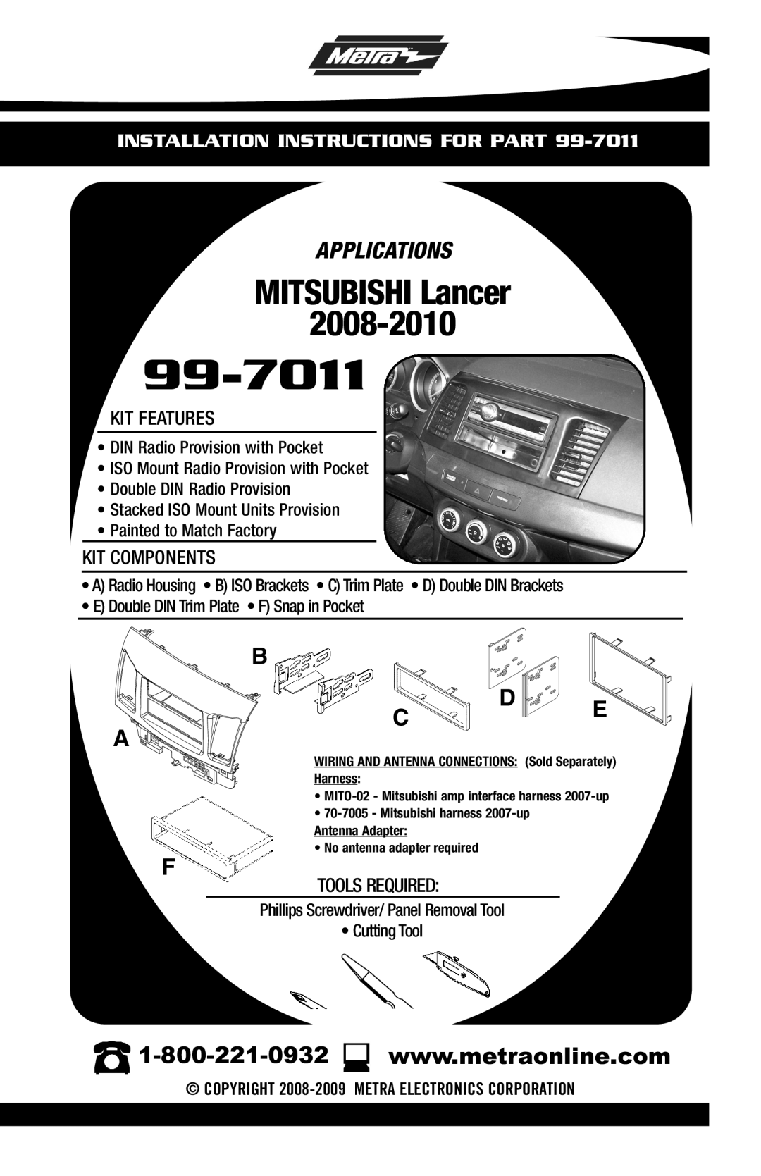 Metra Electronics 99-7011 installation instructions Applications, MITSUBISHI Lancer, Installation Instructions For Part 